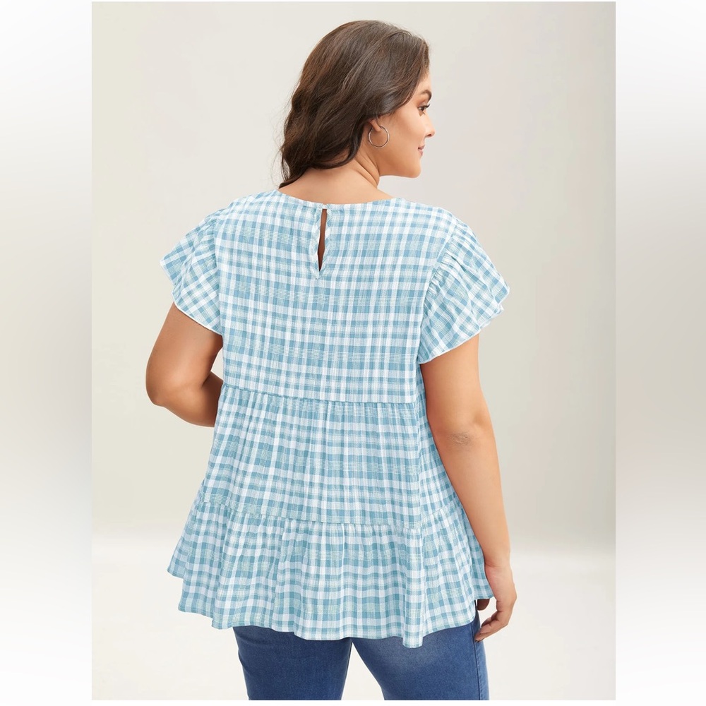Bloomchic Womens size 18/20 2X NWT Plaid Print Textured Lotus Leaf Sleeve Shirt - Picture 2 of 7